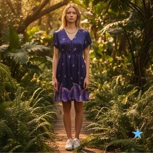 Bilingual Womens 100% Silk Purple Floral Print Dress Boho Short Sleeve 8 M